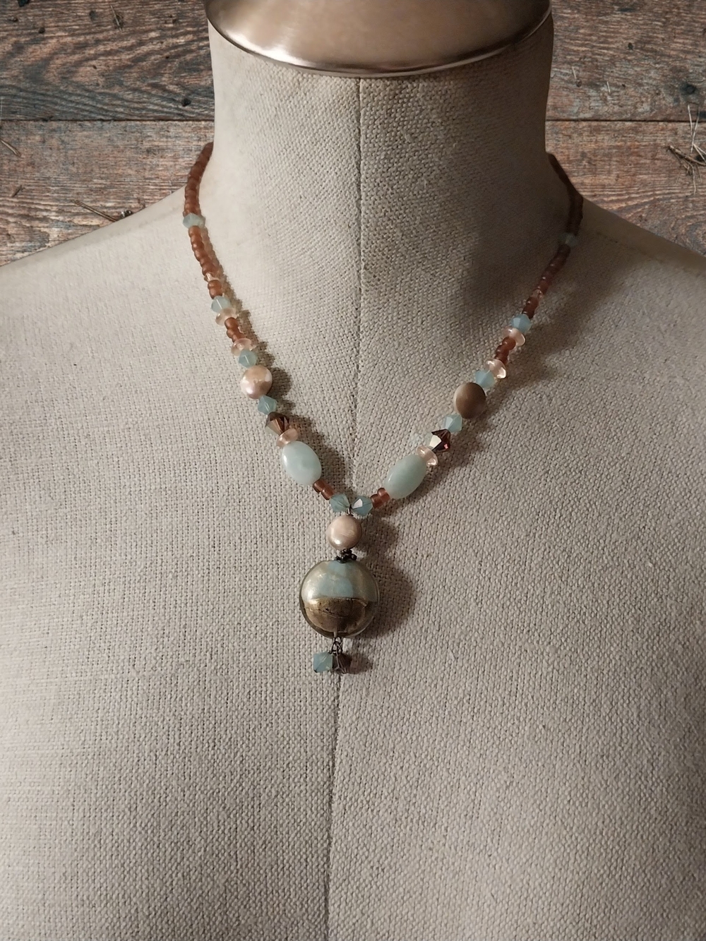 Earth Tone & Aqua Boho Beaded Statement Necklace Artisan Mixed Media